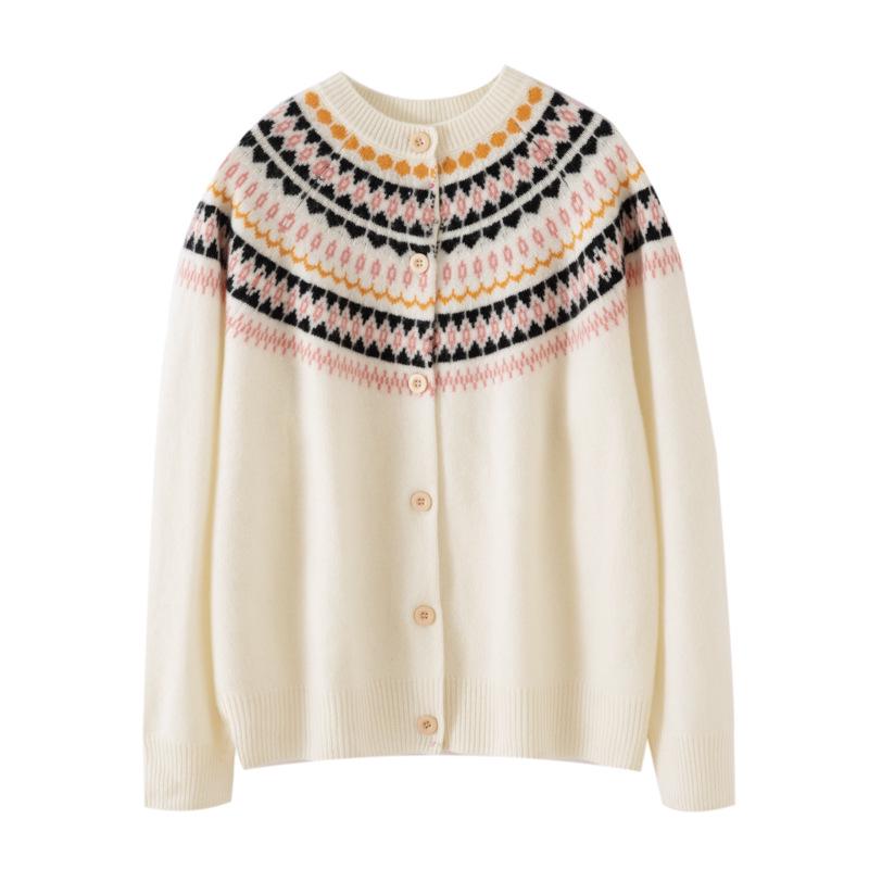 Ethnic Jacquard Round Neck Knit Cardigan - Women's Casual Sweater Top (2025)