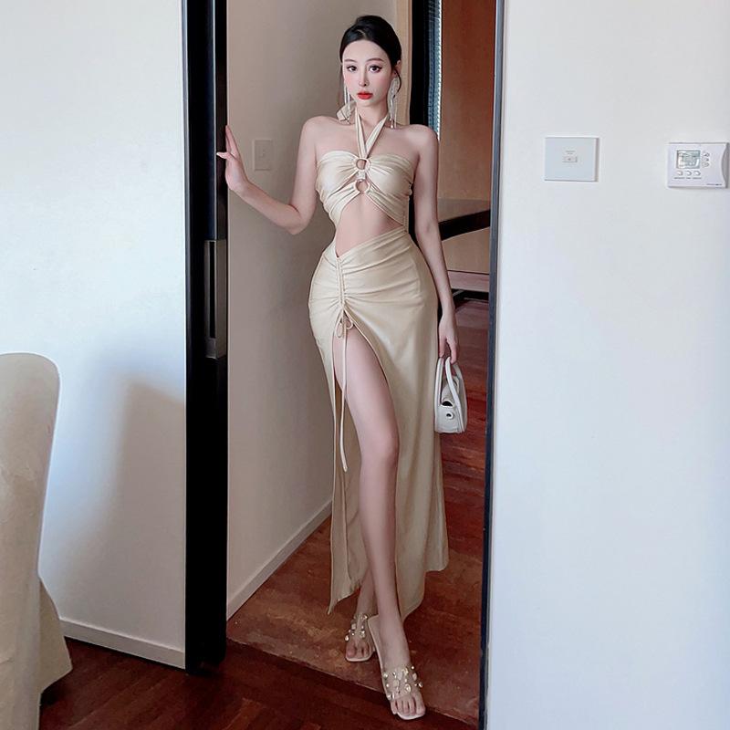 

Женская одежда нагрудный обруч шейный ремешок подвесное кольцо ажурное разрезное платье L абрикосовый