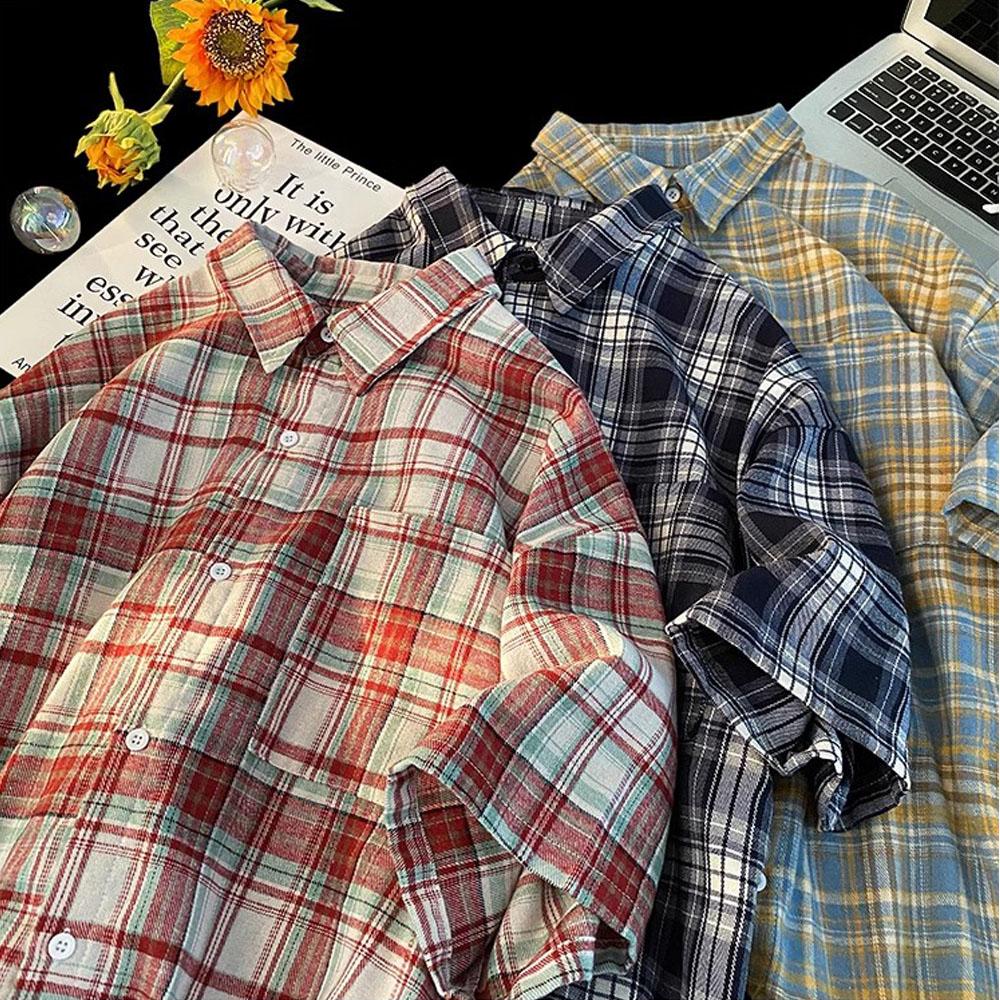 Dámské Pánské Y2K Vintage Jarní Podzimní Topy Kostkované Košile Trička Kabát Streetwear Muži Ženy Kardigan Japonský Styl Korejské Oblečení