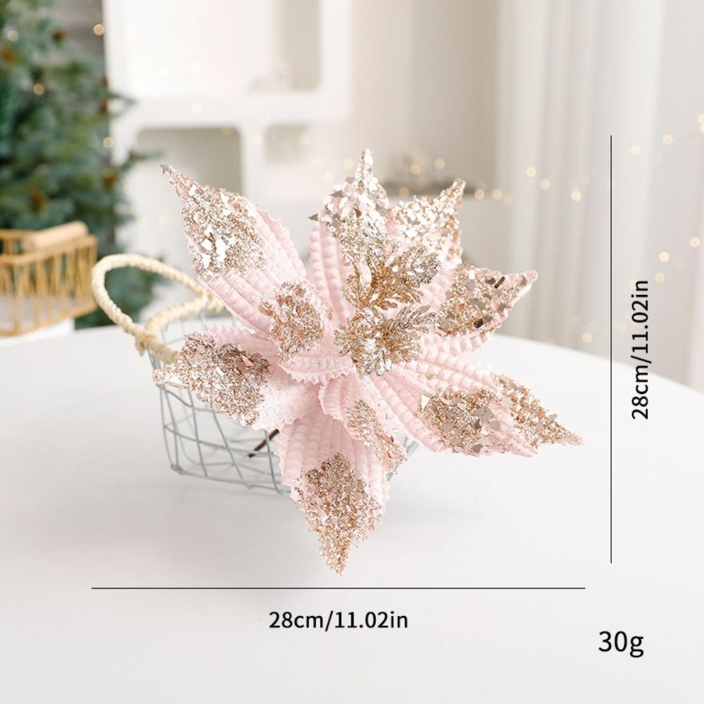 Christmas Gifts Artificial Poinsettia Glitter Flower Xmas Tree Decoration 28cm 3D Simulation Magnolia Flannel Pink Blue