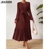 Women's Fashion Spring Fall Solid Color Print Long Sleeve O-Neck High Waist Casual Dresses