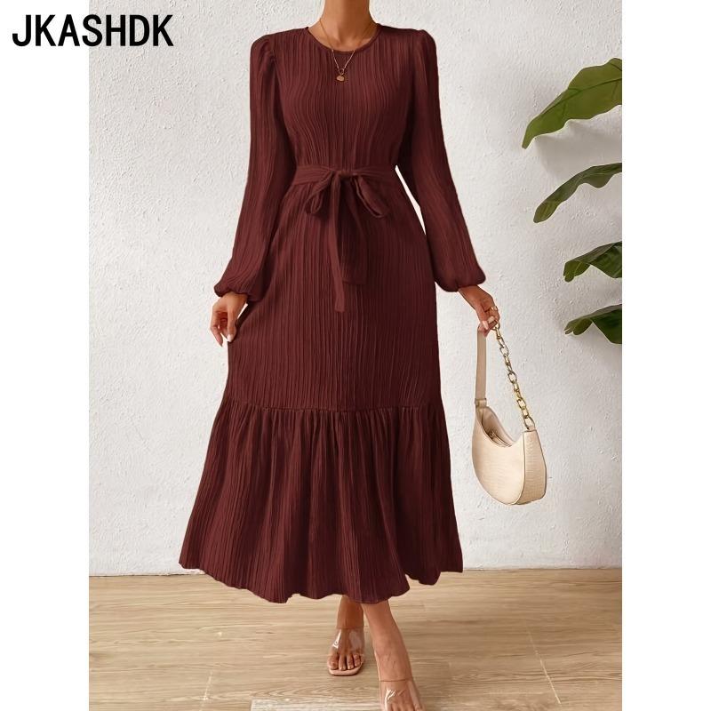 JKASHDK Damenmode Frühling Herbst Einfarbig Druck Langarm O-Ausschnitt Hohe Taille Freizeitkleider