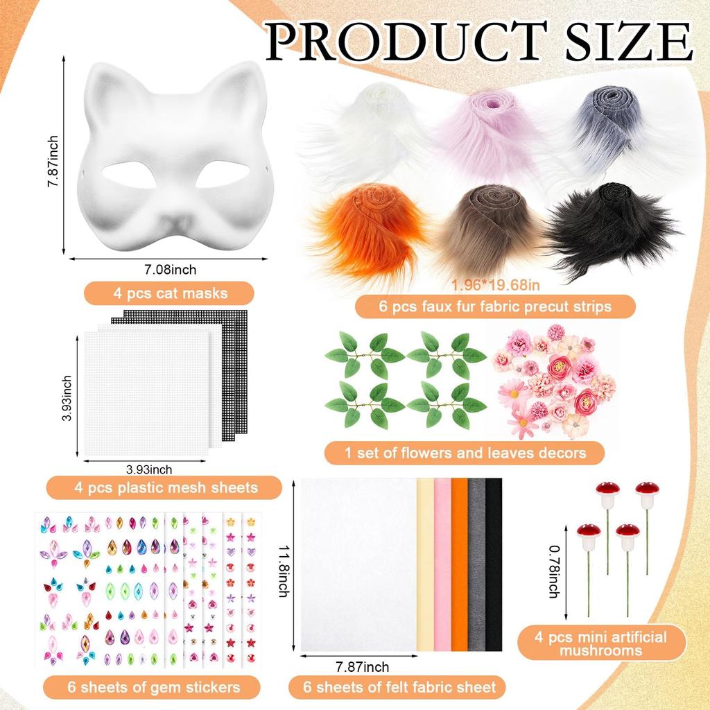 31 Pcs Therian Mask Kit Blank Cat Mask White Therian Masks Half Face Hand-painted DIY Masks for Masquerade Cosplay Party Gifts