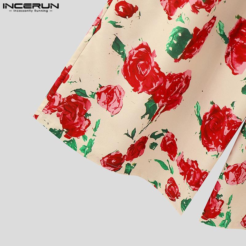 INCERUN Men Belt Zipper Waist Floral Print Casual Long Wide Legs Pants