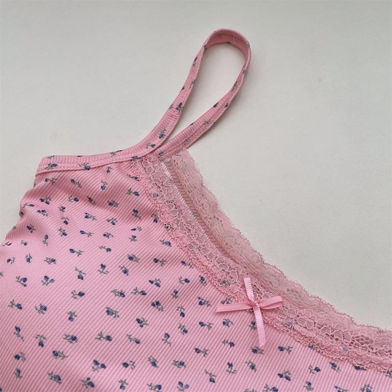 Summer Print Crop Tops for Women Bow Lace Camisole Sexy Backless Vest with Padded Basic Tank Top Style Y2K Streetwear