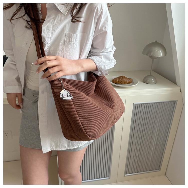 Solid Color Cotton Bucket Tote Bag Large Capacity Zipper Shoulder Purse for Women