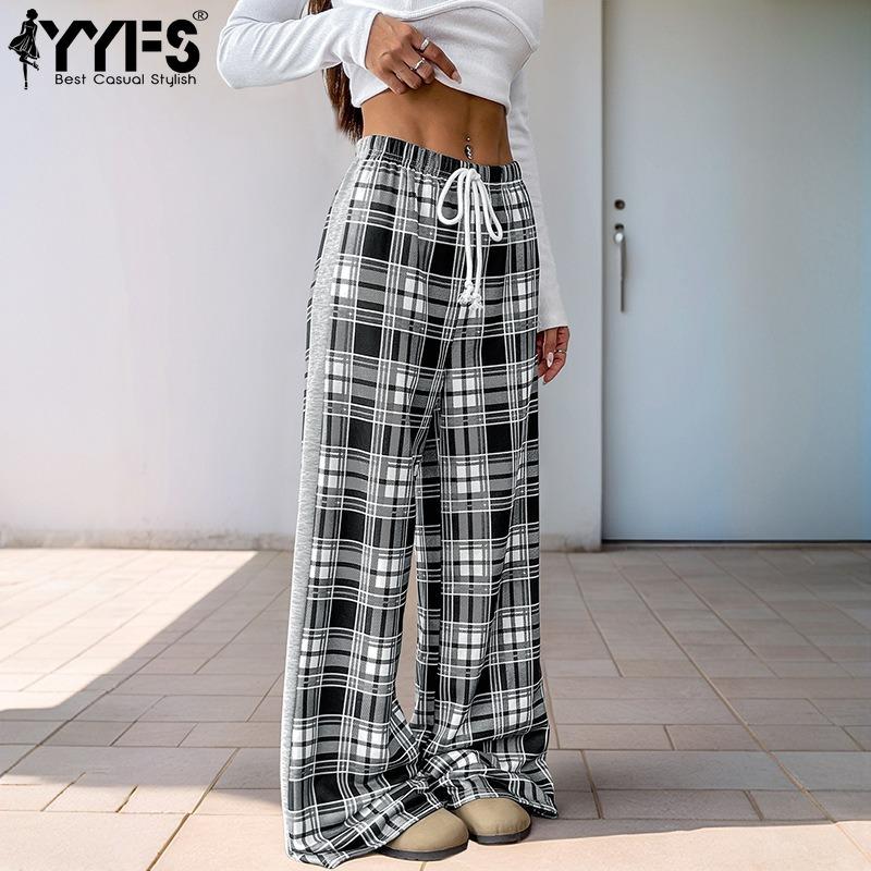 YYFS Women's Fashion Casual Plaid Print High Waist Trousers Pants & Capris