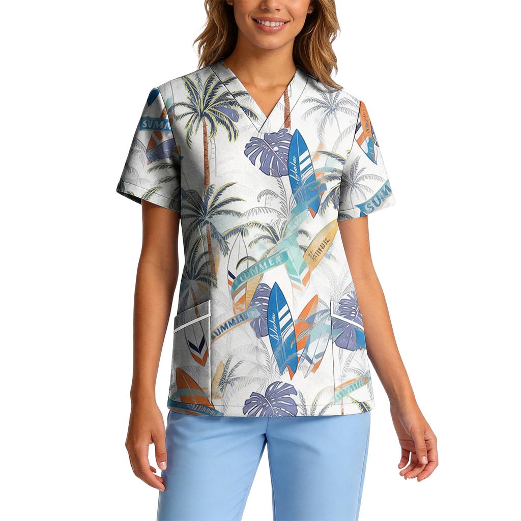 Women's Stretch Quick-Dry V-Neck Short Sleeve Workwear Top with Hawaiian Print & Pockets