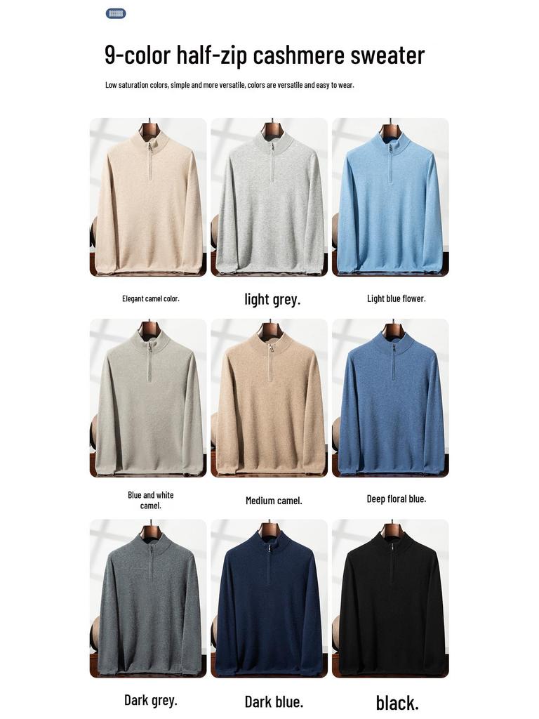 Eleganter Herren-Halbreißverschluss-Kaschmirpullover, einfarbige Strickware mit Stehkragen, Business Casual Pullover