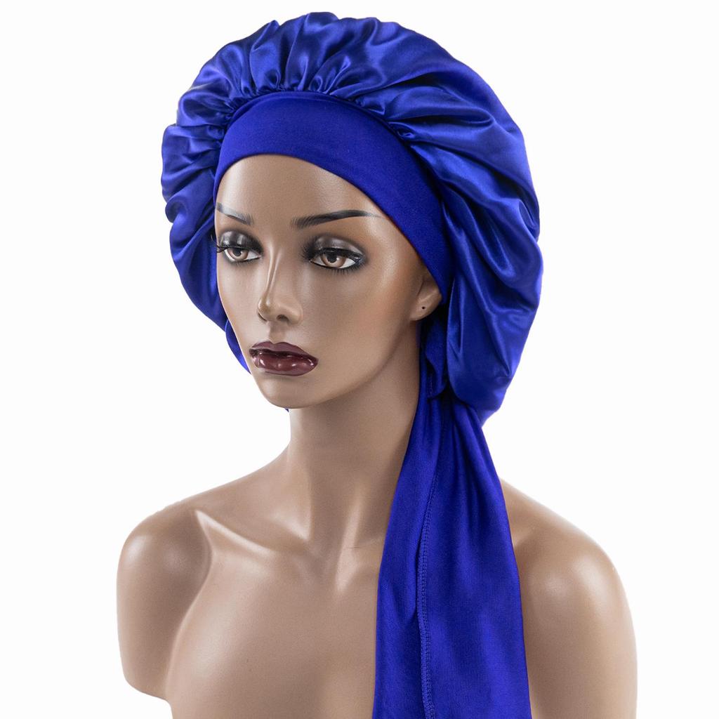Satin Nightcap with Wide Elastic and Long Tail - Extra Large Women's Ribbon Shower Hat