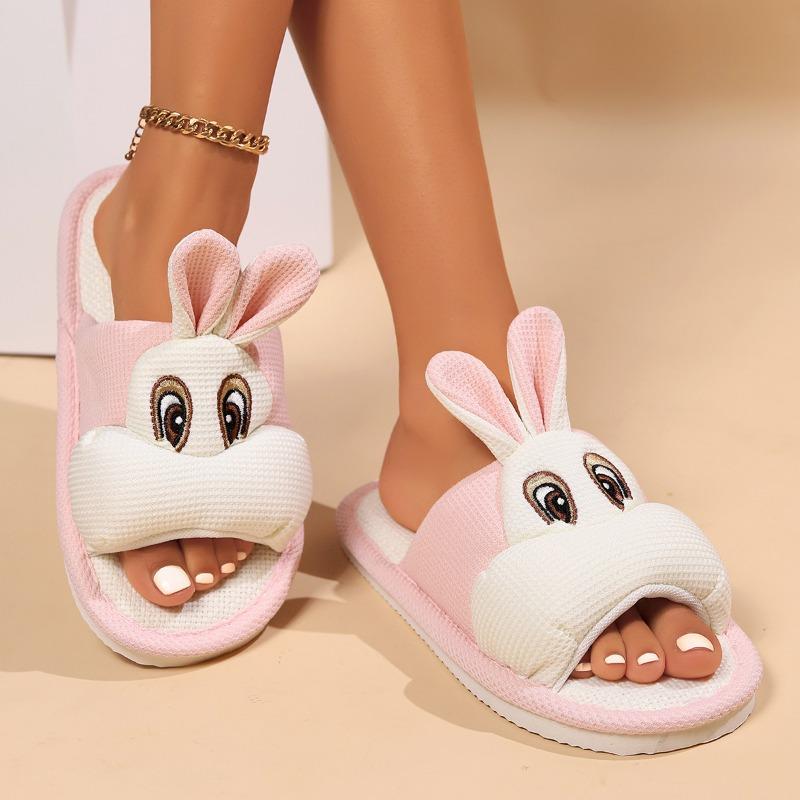 Cartoon rabbit four seasons slippers women autumn and winter wear non-slip indoor thick bottom home furry moon