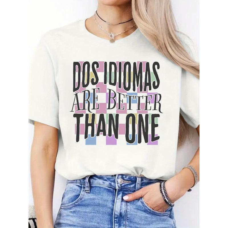 

Women s Spanish Alphabet Print T-Shirt - Short Sleeve Round Neck Blouse, Spring Summer Casual Attire & Spanish Learning Outfits, Machine Washable S белый