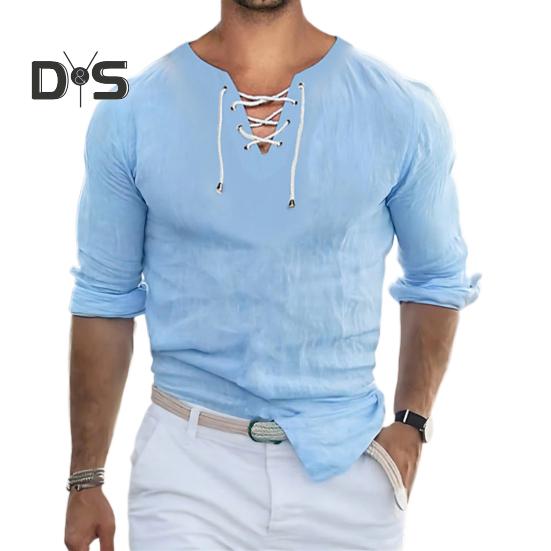 

Мужская летняя футболка сплошной цвет на шнуровке с V-образным вырезом с длинными рукавами винтажная мягкая дышащая приталенная пуловер средней длины спортивный повседневный мужской пляжный топ M синий