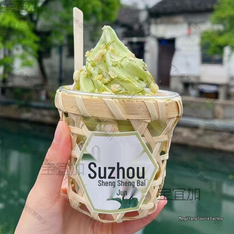 Bamboo Woven Drink Set: Milk Tea Cups, Ice Cream Cups & Basket