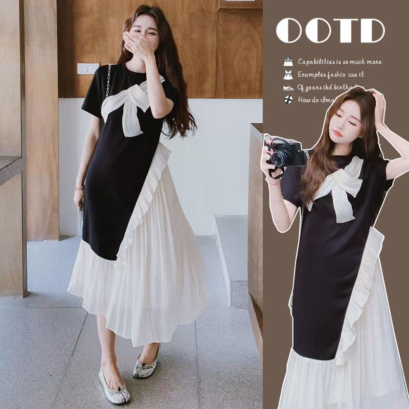 Summer 2026 French Sweet Chiffon Maternity Dress - Trendy Fake Two-Piece A-line Skirt XL