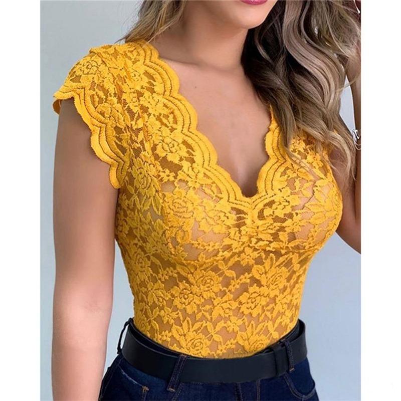 Summer New V-neck Hollow Out Sexy Women Blouses Vintage Tight Solid Pullover Lace Shirt Women Clothing Slim Fit Elegant Fashion Lady Blouse Tops 26360