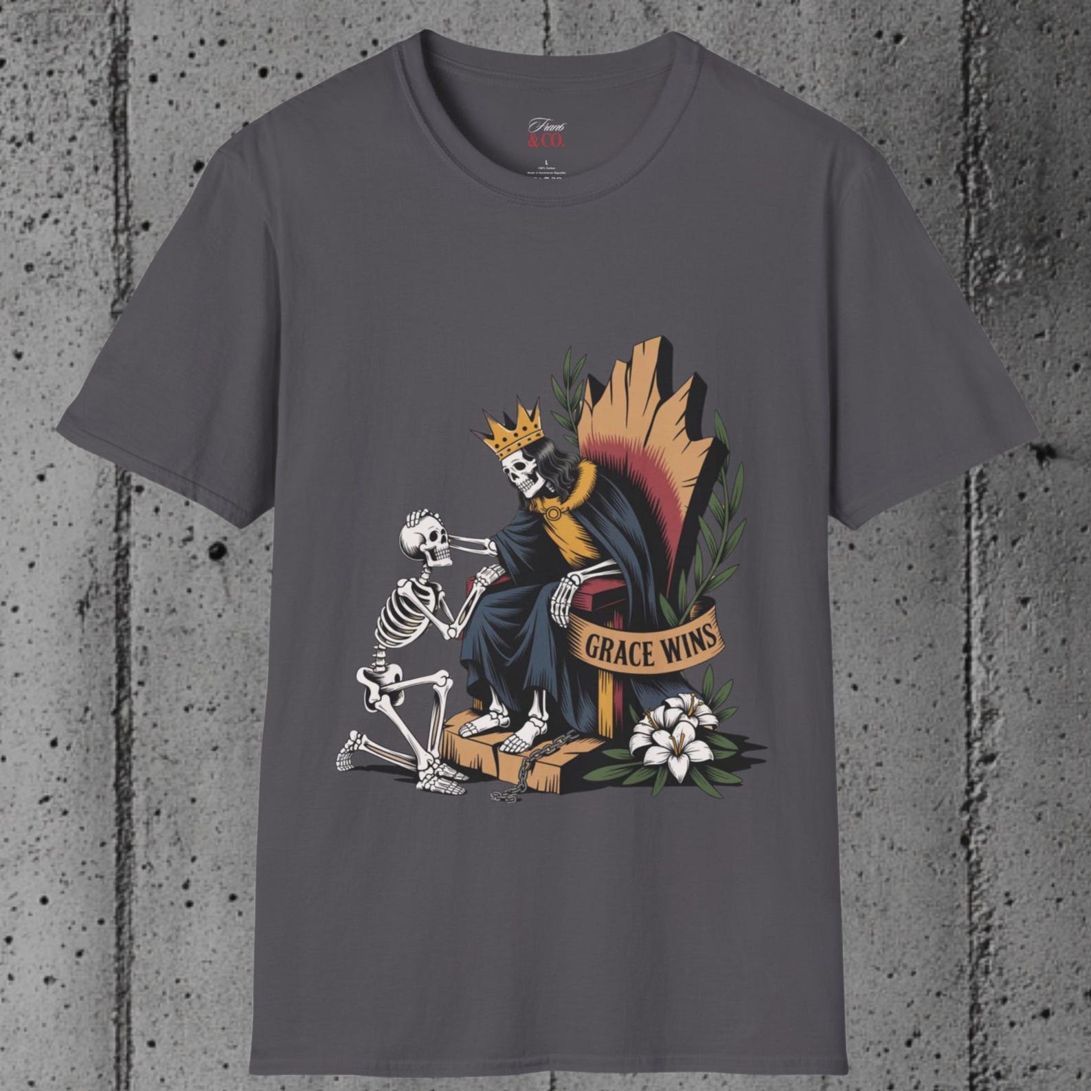 Gothic Grace Wins T-Shirt – Christian Skeleton Throne Tee 4XL