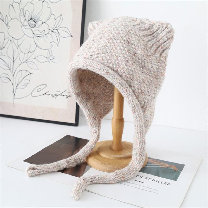 Winter new women's ear protectors headgear warm lace-up Lei Feng hat student solid color simple knitted hat