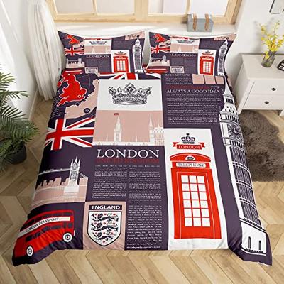 London Duvet Cover Set Queen Size Telephone Booth Big Ben Bus Print Bedding Set 3pcs,Modern City Quilt Cover with 2 Pillowcases