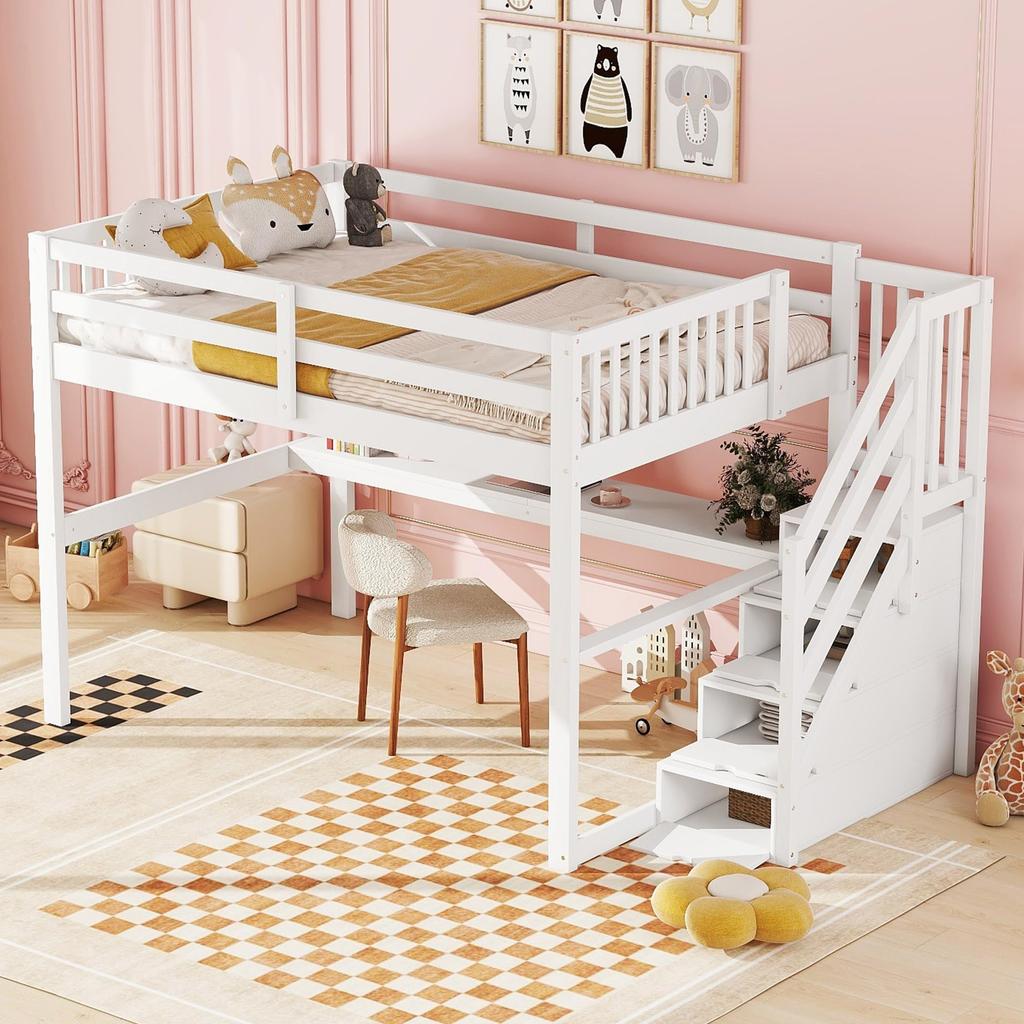 Children's Bed 140x200 Loft Bed Desk Storage Ladder Slatted Frame Pine Wood Youth Bed Children/Adults White