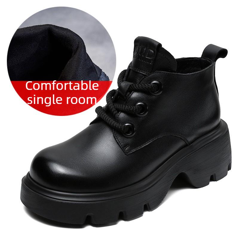Genuine Leather High-top Platform Ankle Boots with Thick Soles Stylish Lace-up Design British Retro Style