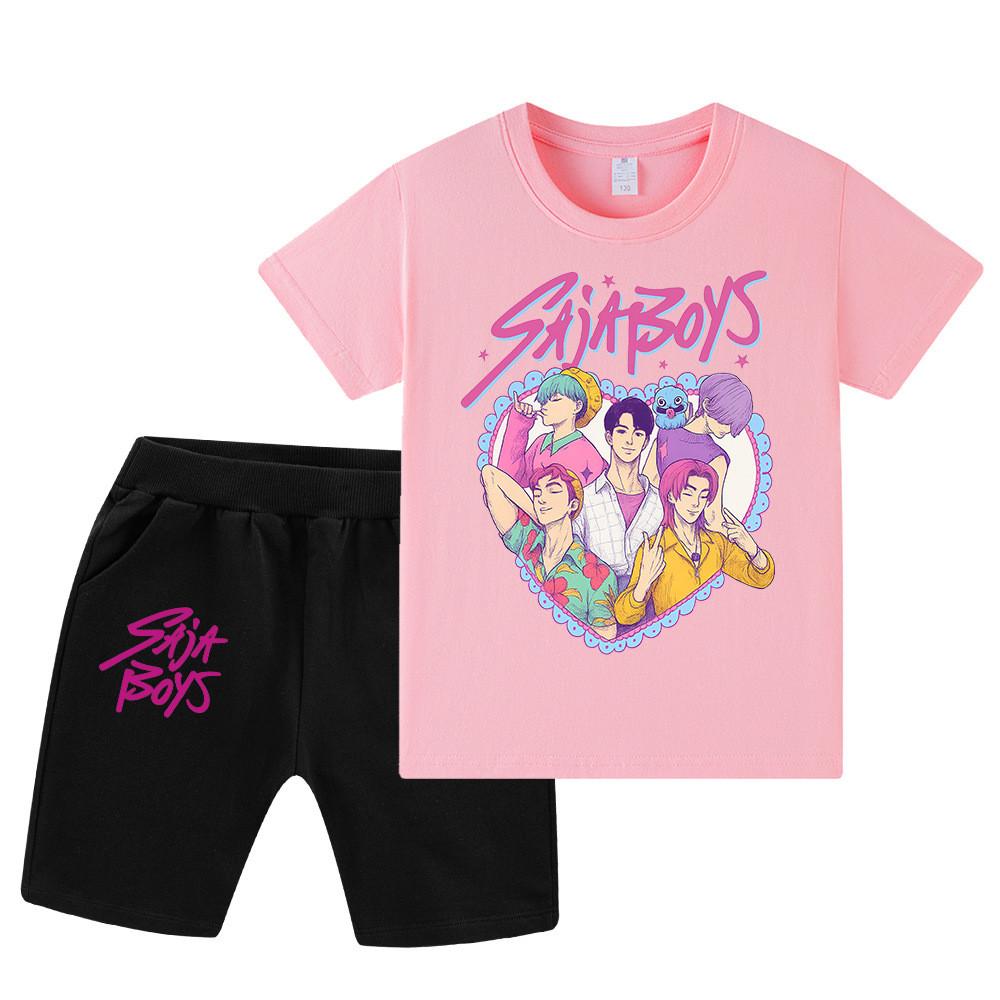 

WA1212 Kids Boys Girls Kpop Rumi Zoey Mira Sajaboys Print Short Sleeves T-shirt Shorts Pants Sets 120cm рожевий