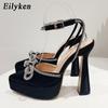 Fashion Eilyken Runway Style Brand High Heels Women Pumps Fashion Butterfly-knot Crystal Pointed Toe Platform Chunky Party Prom Shoes
