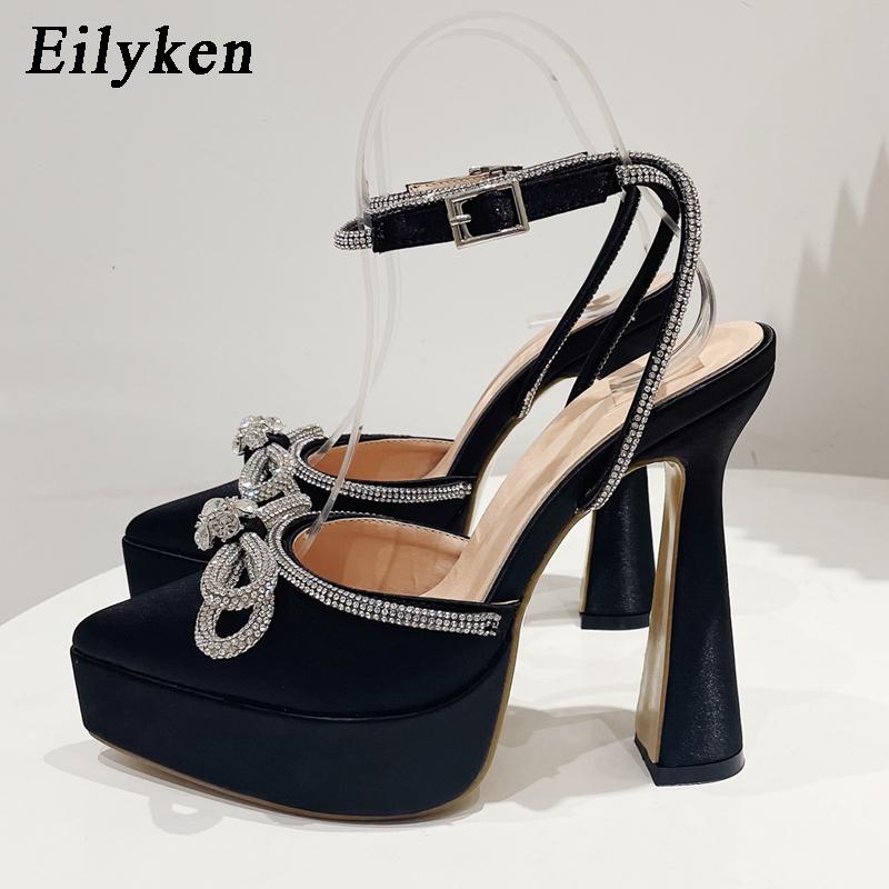 Fashion Eilyken Runway Style Brand High Heels Women Pumps Fashion Butterfly-knot Crystal Pointed Toe Platform Chunky Party Prom Shoes