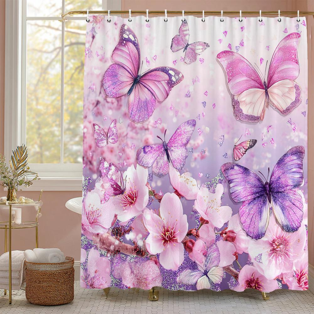 Pink Colour Floral Plant Butterflies Shower Curtain, Bathroom Decorative Shower Curtain, Waterproof Shower Curtain With Hooks