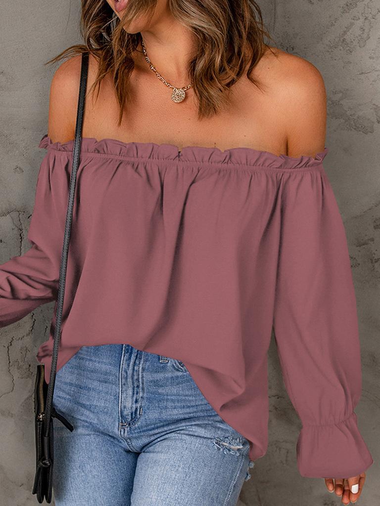 One Word Snow Silk Shirt Women Spring Autumn New Style Solid Color Crew Neck Sexy Off-Shoulder Top for Women