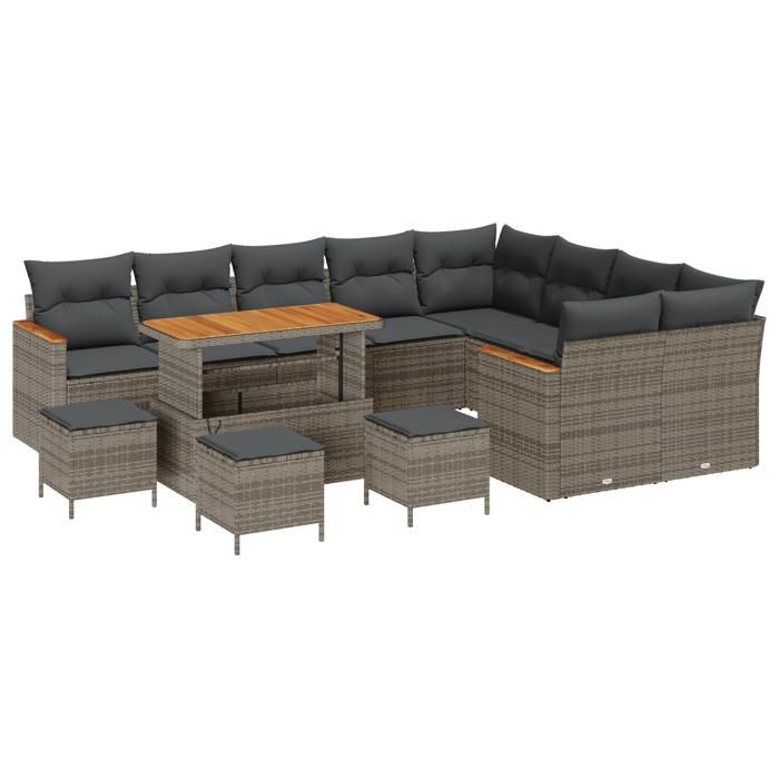 Ensemble de Canapé de Jardin 13 pièces avec Coussins Grises en Rattan Poly et Acacia, Ensemble de Salle à Manger de Jardin 4 3365043