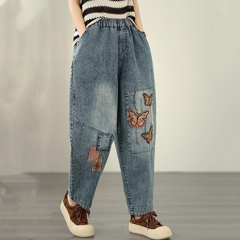 Übergröße Vintage Stickerei hohe Taille lässig locker Damen Frühling Sommer Herbst Jeans Denim Haremshose