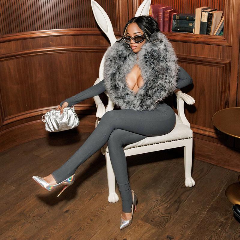 European Fashion Spicy Girl Autumn/Winter 2025 Women's Long Sleeve Fur Bodysuit Tights
