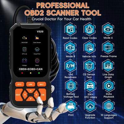 Lecteur de Code Professionnel V520 Multilingue Scanner Automobile OBD2 Outil de Diagnostic Données en Temps Réel Détecteur d'Erreur de Défaut OBD2