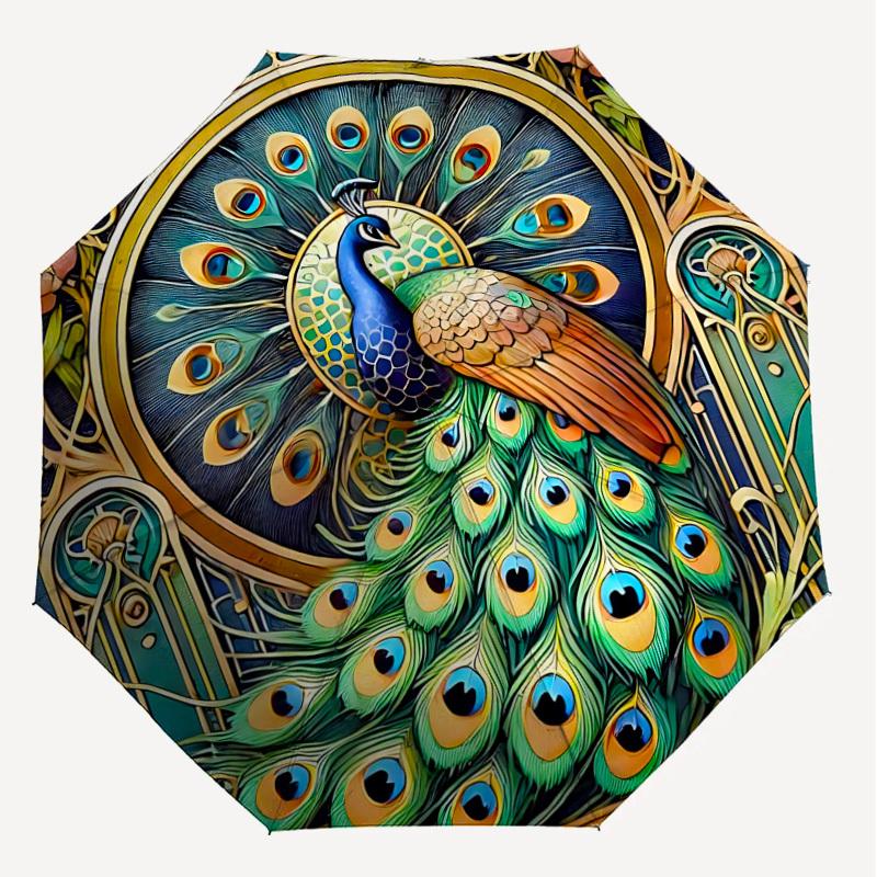 1PC Peacock Art NouveauAutomatic Open/Close Umbrella with Windproof, 8-Rib Sturdy Canopy, Durable Ribs, Fashionable Design, Outdoor Accessory, Fun Pri