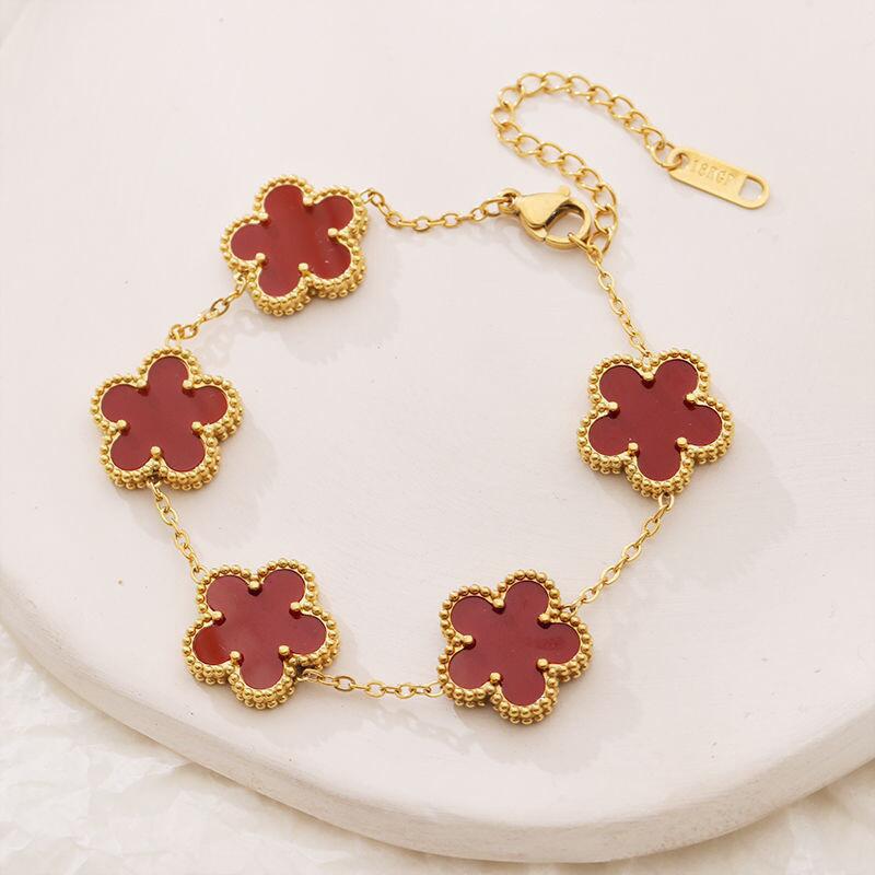 Lucky Five-Leaf Clover Beaded Bracelet for Women Classic Fashion Minimalist Gold Plated Stainless Steel Jewelry