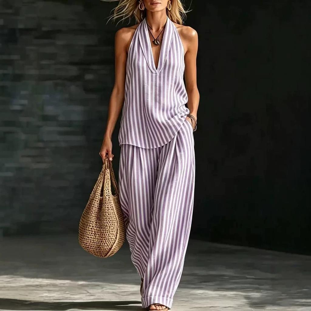 Women Striped Halter Neck Sleeveless Jumpsuit Wide Leg Pants with Pocket