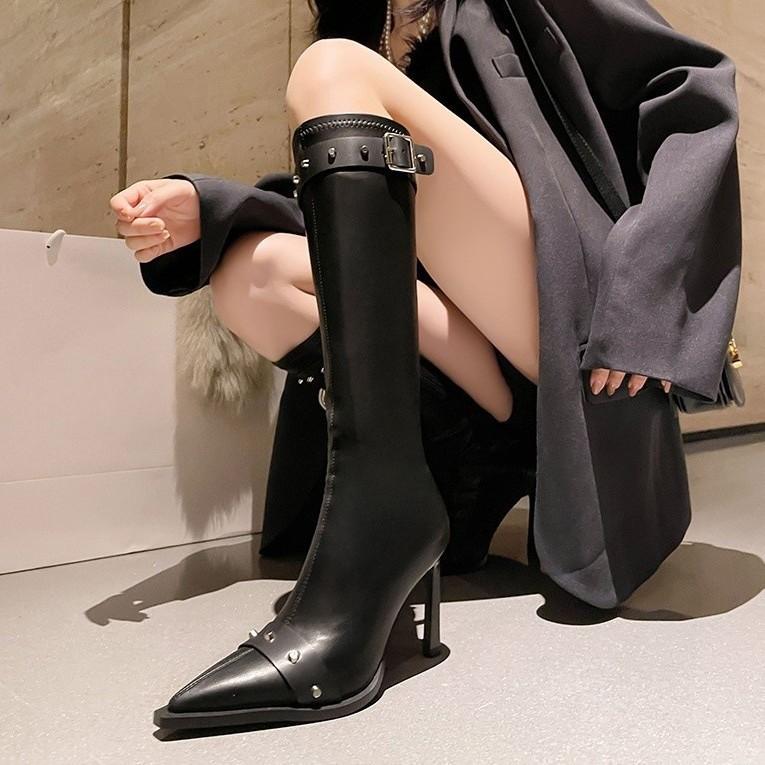 Super High Heel Boots Pointed Thin Heel Rivet Martin Boots Knight Boots High Boots Beige Stretch Boots Skinny Boots