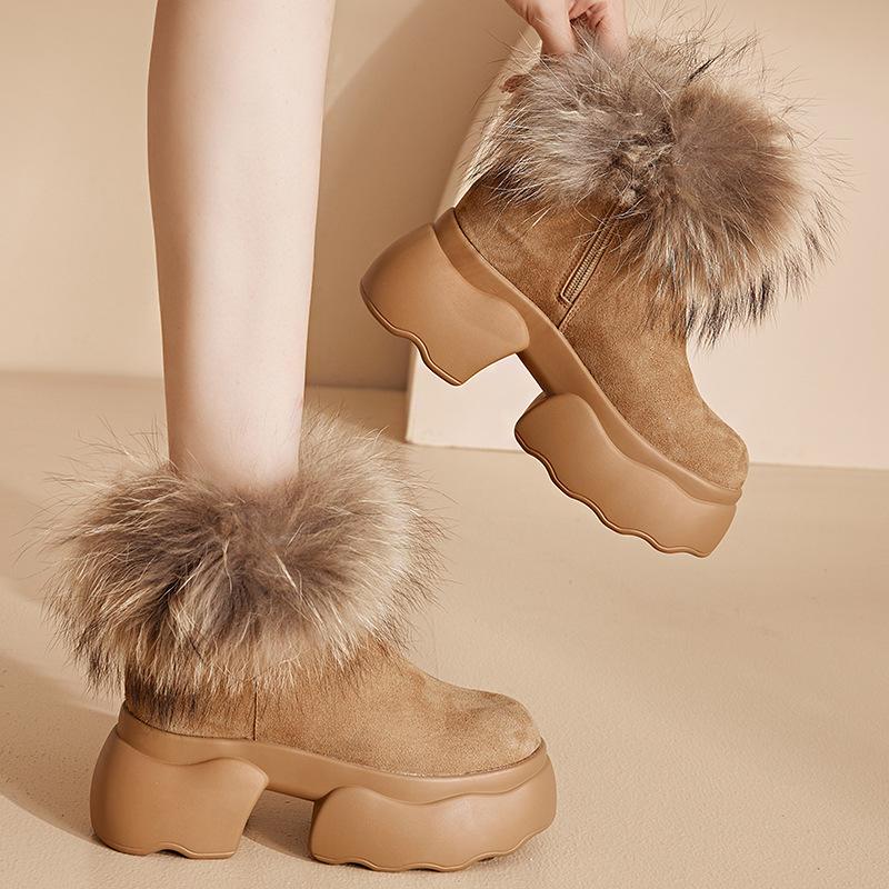 Raccoon Fur Thick-soled Snow Boots Women's Winter Shoes Winter New Thickened Velvet Cotton Boots Warm Short Boots