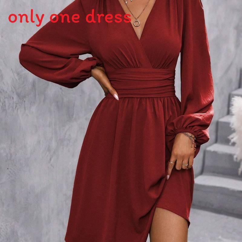 Polyester Vneck Lantern Sleeve Dress With Pleats For Casual And Party Wear