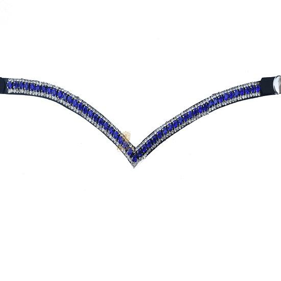 Granatowy/Biały 3-rzędowy kryształowy naczółek w kształcie litery V zapinany na zatrzask dla konia Dostępne wszystkie rozmiary