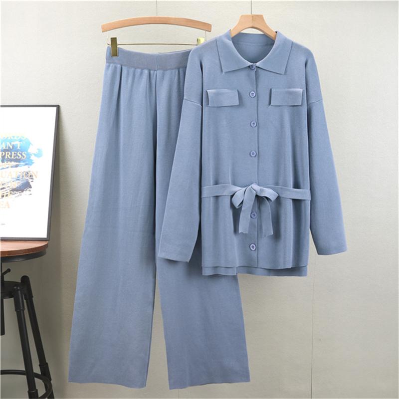 Fashion Knitted Set Women's Autumn New Style Loose Medium to Long Collar Cardigan Wide Leg Pants Two Piece Set