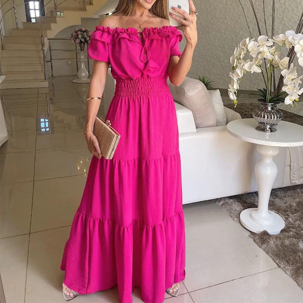 Women's Off-Shoulder Short Puff Sleeve Solid Color Tiered Maxi Dress