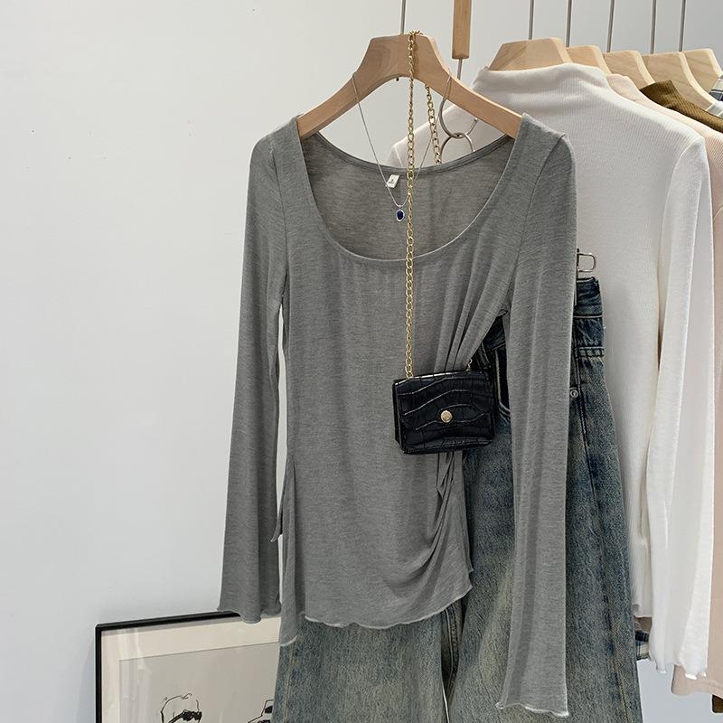 

Square collar irregular pleated split top early spring new leaking collarbone beautiful long-sleeved T-shirt women s bottoming shirt XL серый