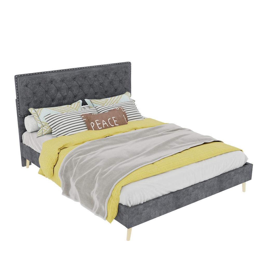 Modern minimalist soft bed, 140*200CM, grey, multifunctional bedroom furniture, low box bed frame without lifting rod, include140*200cm mattress.