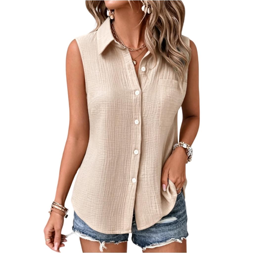 Chaleco Casual sin Mangas para Mujer Ajuste Holgado Cuello de Camisa Abotonado Blusa Ligera de Verano para Uso Diario
