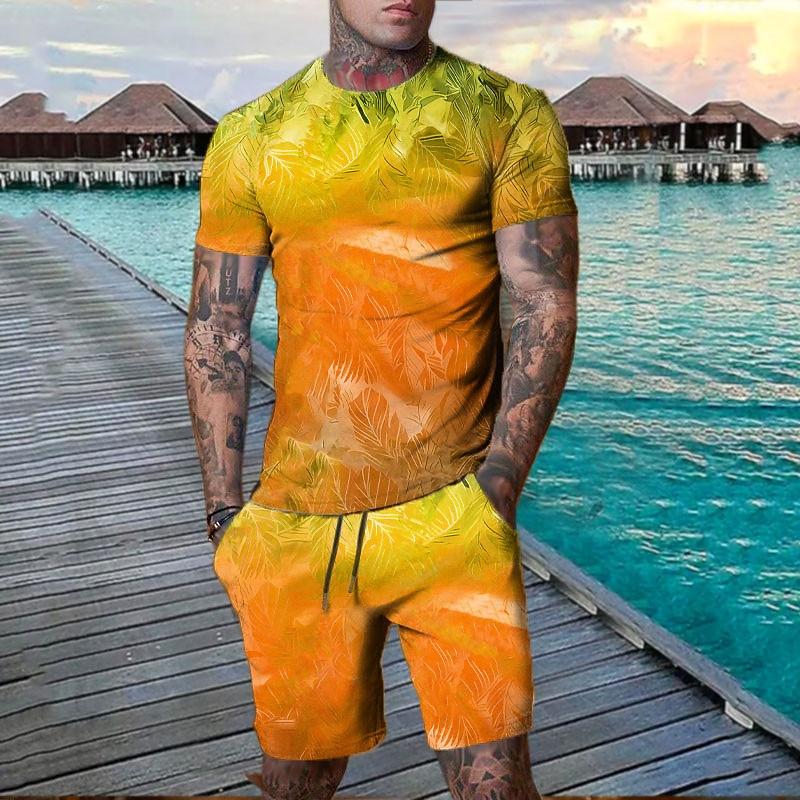 Men's Graphic Leaf Plant 2pcs Tees Sets Shorts and T Shirt Set T-Shirt Outfits  Outdoor Vacation Daily 3D Print 2 Piece Spring & Summer Blue Dark
