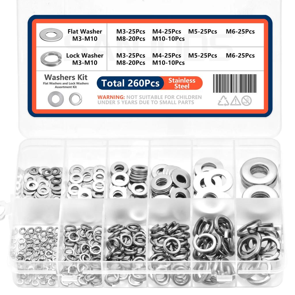 260PCS Stainless Steel Washer Kit – M3-M10 Lock & Flat Washers Set