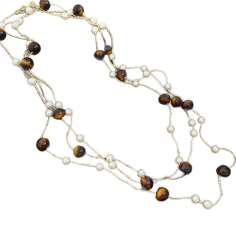 Retro Pearl Tiger Eye Layered Necklace: High-End Fashion Sweater Chain