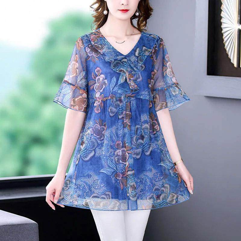 Big Size Short Sleeve Tops Women Summer Floral Loose Comfortable T-Shirt Casual Stretch V-Neck Tops